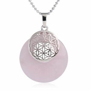 Collier pendentif Fleur de Vie en plaqué platine et pierre naturelle - Quartz rose