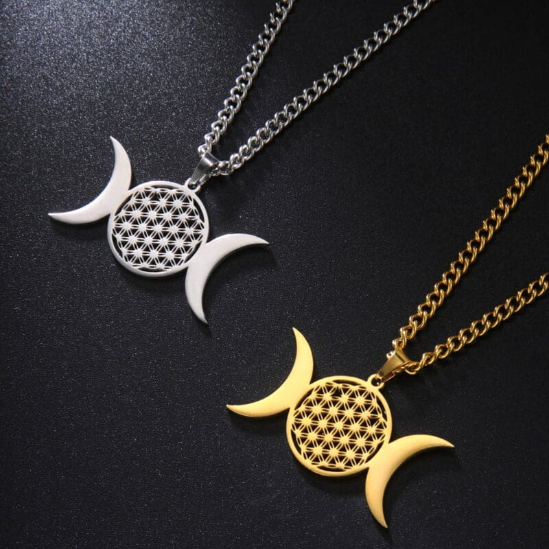 Collier Pendentif Triple Lune Fleur de Vie Or et Argent | Esoteria.shop